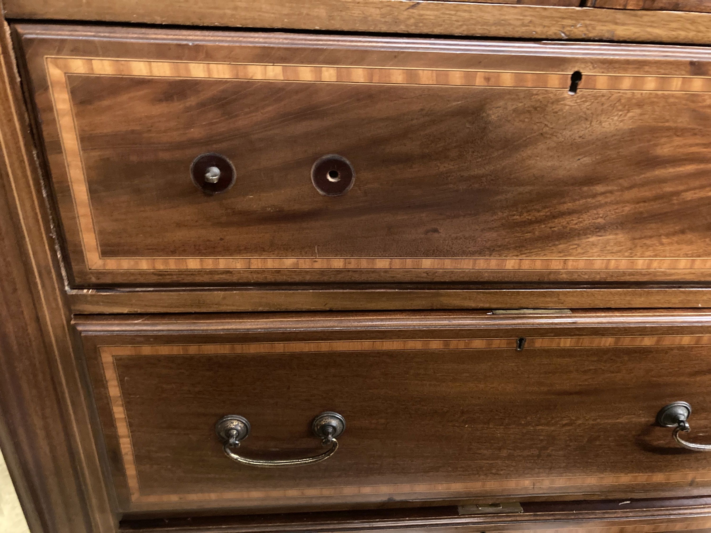 An Edwardian satinwood banded mahogany wardrobe, width 160cm, depth 56cm, height 206cm